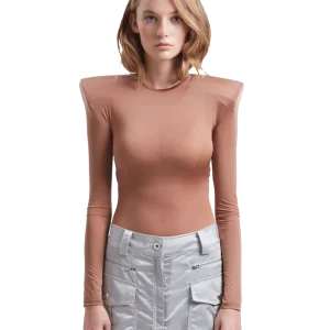 Beige Shoulder Pad Leotard Woven